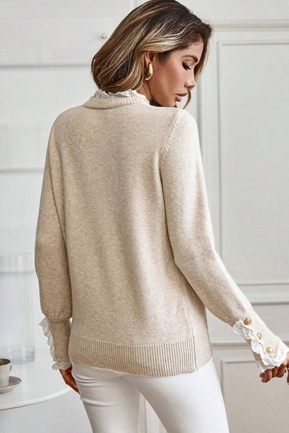 Lace Trim Buttoned Cuffs Sweater