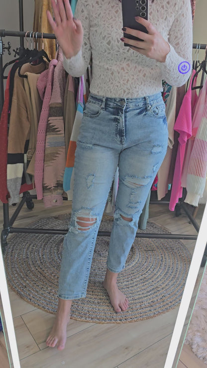 High Waist Frayed Hem Destructed Slim Jeans